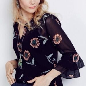 CAbi La Di Da Black Floral Sheer Blouse size S